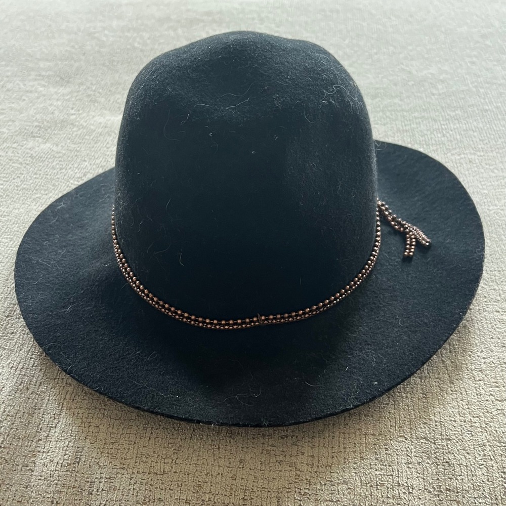 Mudd Black 100% Wool Floppy Wide Brim Hat Bronze Beaded Chain Tassel Boho